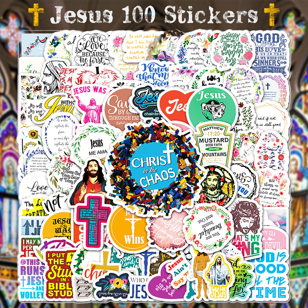 ジーザス ステッカー 100枚セット PVC 防水 シール スーツケース MacBook イエス キリスト キリスト教 宗教 十字架 教会 神様