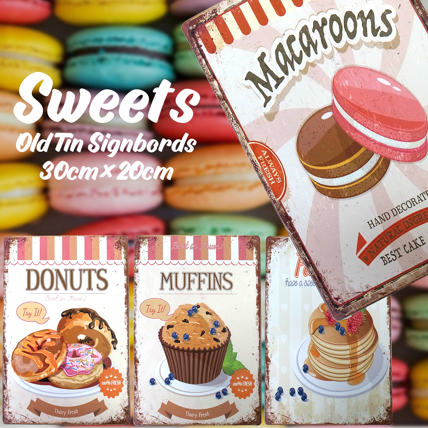 スイーツ ブリキ看板 20cm×30cm お菓子 デザート マカロン ドーナツ