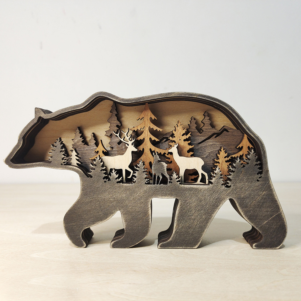 木製 動物の置物 多層彫り クマの置物 鹿 シカ 木彫りの熊 熊の置物 木製の動物オブジェ アニマル  オーナメント フィギュア オブジェ｜lupo｜02