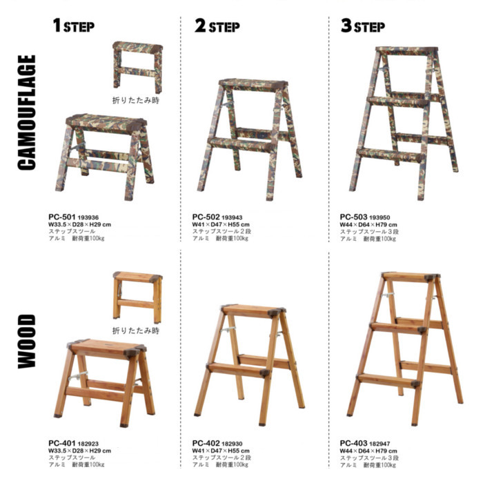 折りたたみ式 ステップスツール2段 木目調 耐荷重100kg PC-402 [踏み台