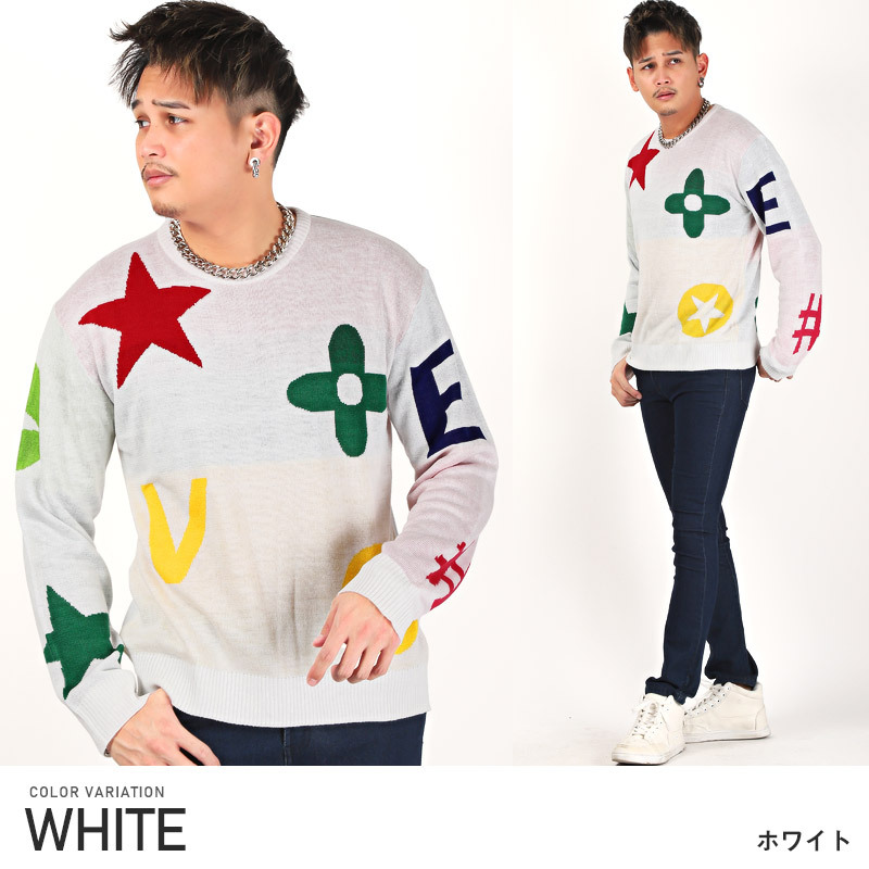 セール ニット メンズ トップス セーター 総柄 クルーネック カラフル