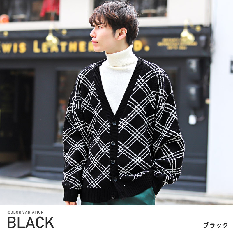 カーディガン メンズ Vネック チェック ニット ビッグシルエット 格子 ...