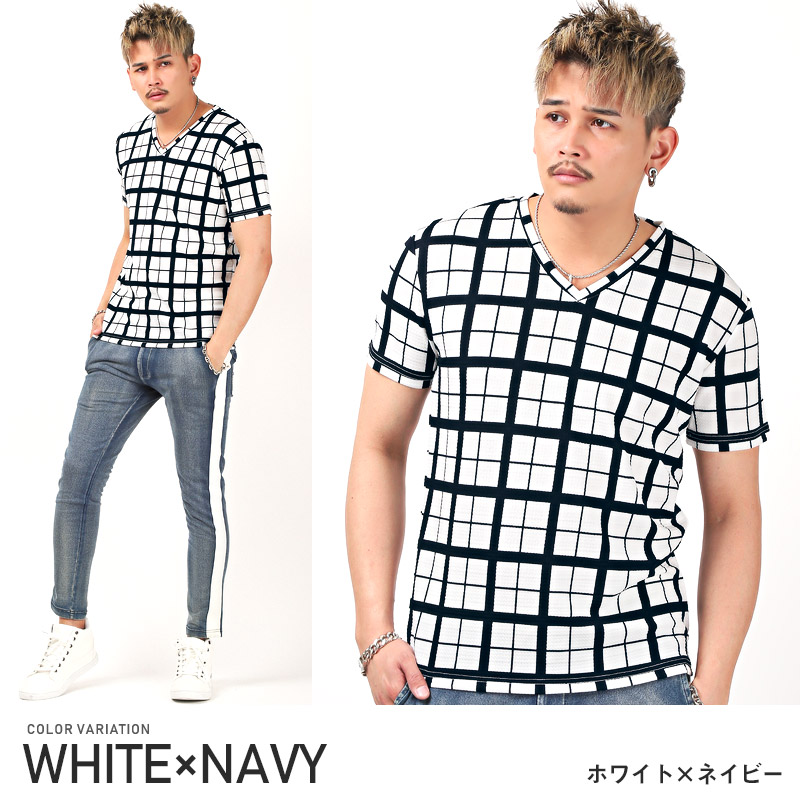 Tシャツ メンズ 半袖 Vネック ウィンドペンチェック チェック柄 総柄 カットソー 夏 ビター系 1404 Luxstyle 通販 Yahoo ショッピング