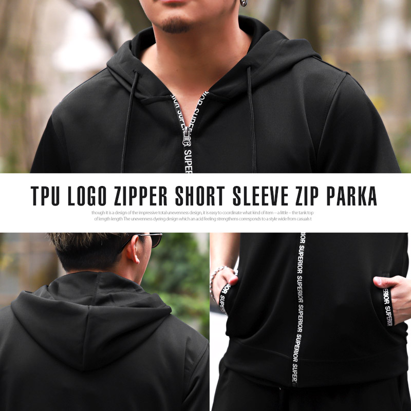 パーカー メンズ 半袖 ジップアップ Tパーカー TPU ロゴ フード 白 黒 