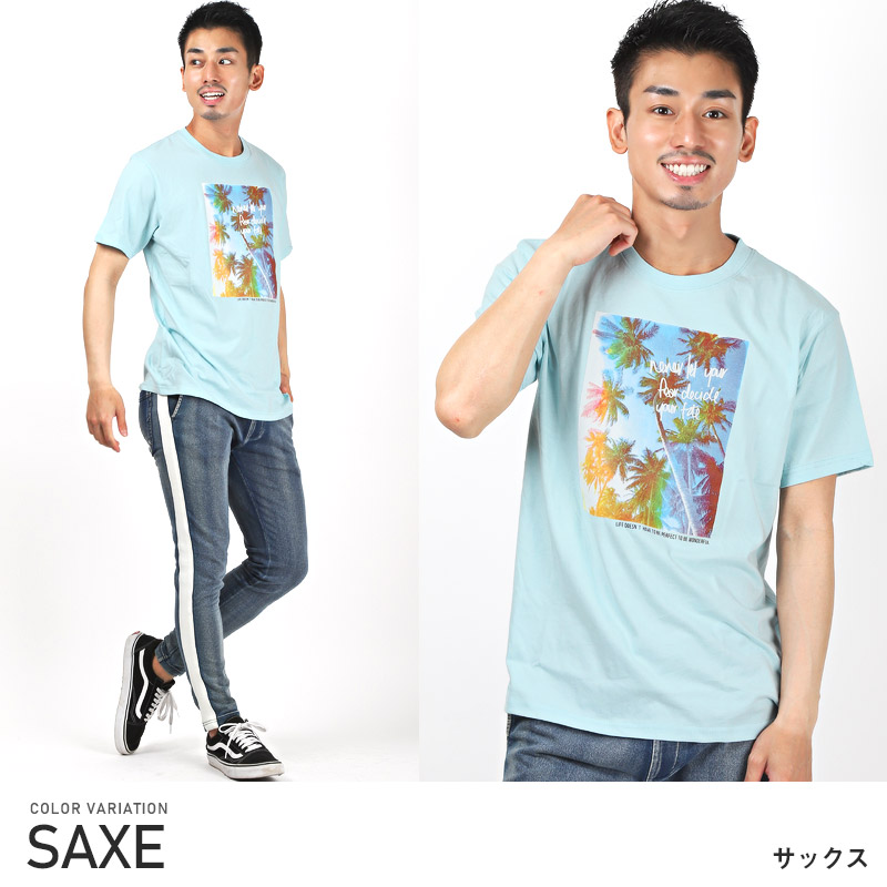 Tシャツ メンズ 半袖 フォトプリント パームツリー ロゴ プリント