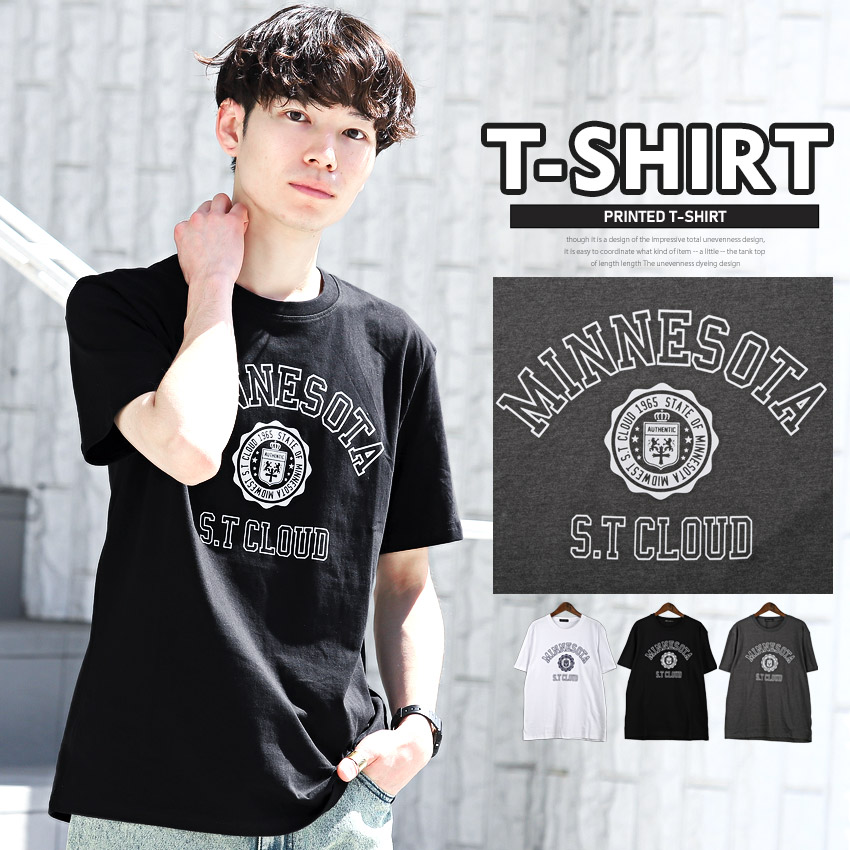 3色 メンズ カジュアル ロゴプリント 半袖 Tシャツ ルーズ Tシャツ メンズ 半袖 ロゴ プリント カレッジロゴ クルーネック
