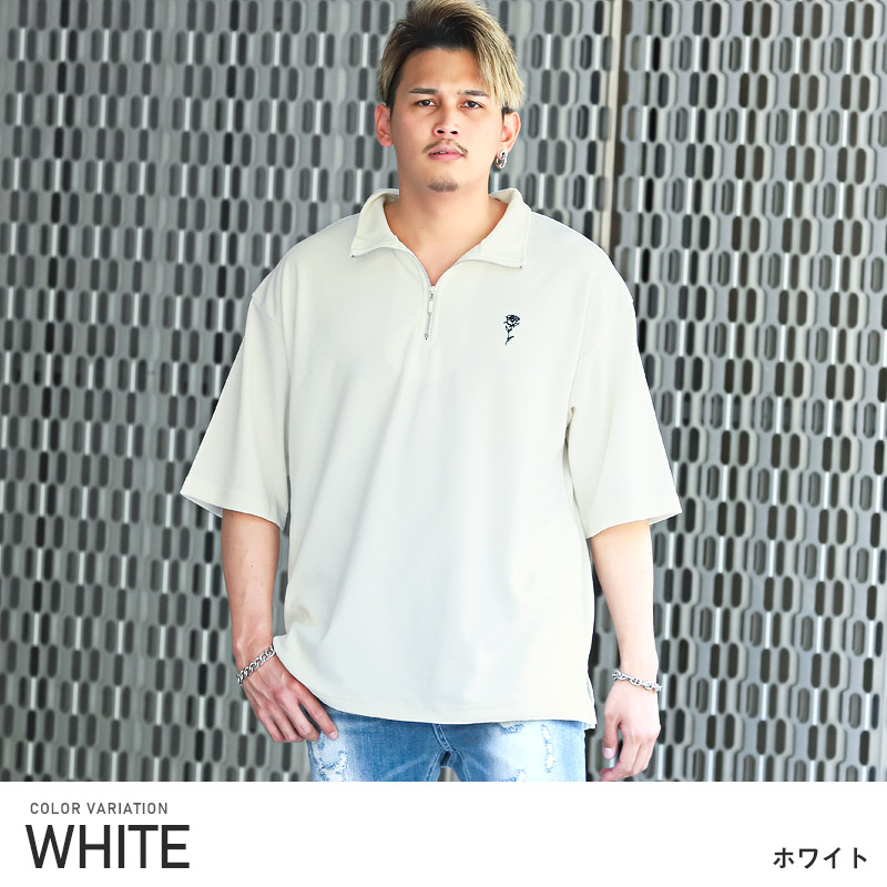 セール ポロシャツ メンズ 半袖 ハーフジップ ビッグシルエット 薔薇 刺繍 ストリート｜lux-style｜02