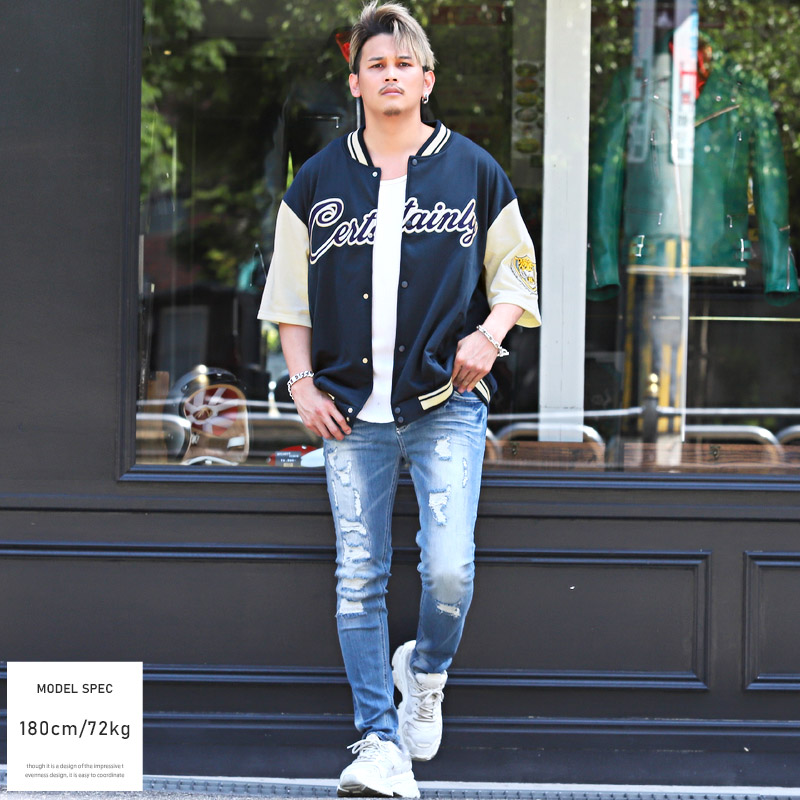 スタジャンメンズ半袖カレッジロゴ刺繍ワッペン【T/Cミニ裏毛カレッジロゴ刺繍半袖カットスタジャン】カットスタジャンアップリケエンブレムルーズゆったりカジュアルアメカジストリート 4