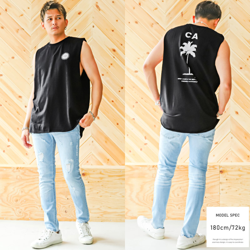 ノースリーブTシャツメンズロゴバックプリントカットオフ【CALIFORNIAバックプリントカットオフノースリーブTシャツ】袖なし切りっぱなし綿コットンサーフ系アメカジ西海岸春夏ビター系BITTER 5