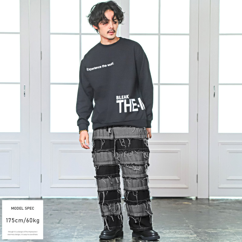 デニムパンツ メンズ ワイド ダメージ パッチワーク 古着風
