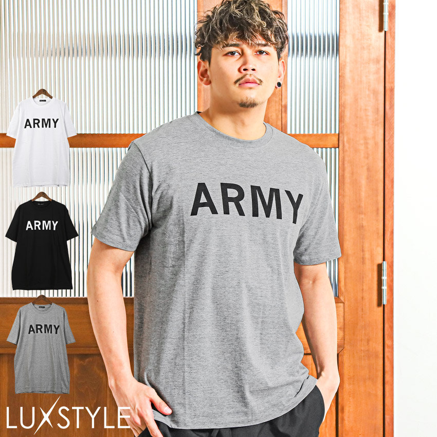 セール Tシャツ メンズ 半袖 ロゴ プリント ARMY ミリタリー ワンポイント カットソー クルーネック カジュアル｜lux-style