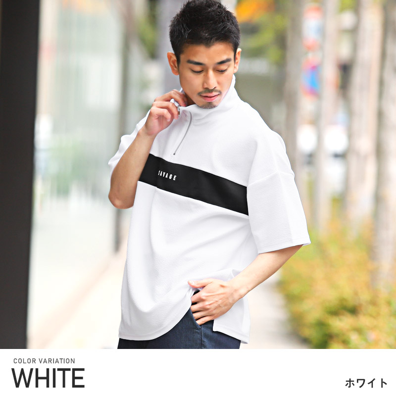 セール Tシャツ メンズ 半袖 ハーフジップ ビッグシルエット 梨地 ライン 切替 ロゴ プリント ストリート｜lux-style｜02