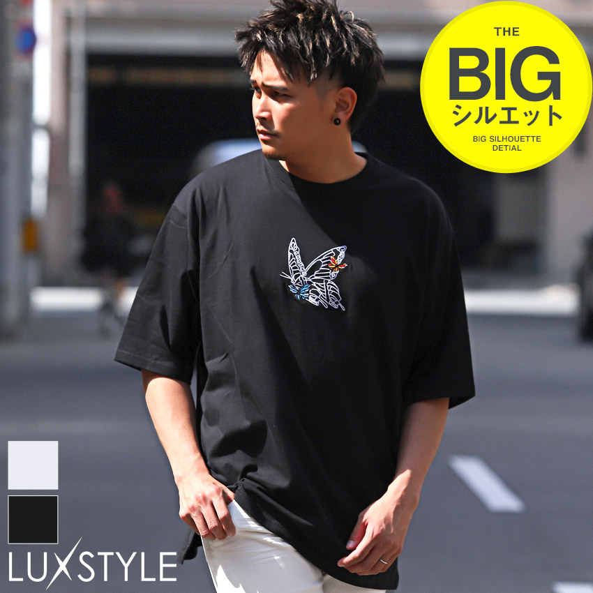 セール Tシャツ メンズ 半袖 ビッグシルエット 刺繍 蝶 バタフライ ロゴ ストリート 韓国｜lux-style