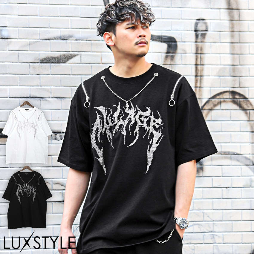 Tシャツ メンズ 半袖 ビッグシルエット メタルロゴ チェーン 鎖