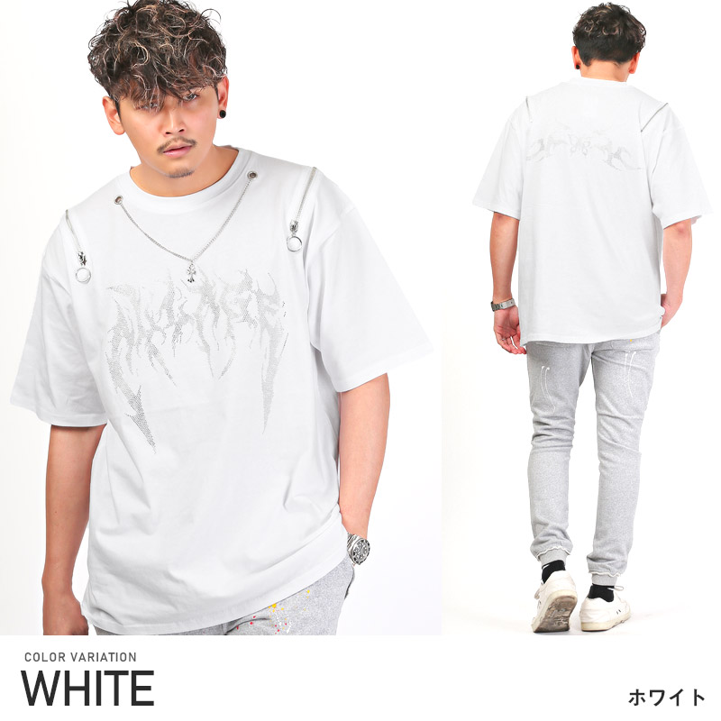 Tシャツ メンズ 半袖 ビッグシルエット メタルロゴ チェーン 鎖
