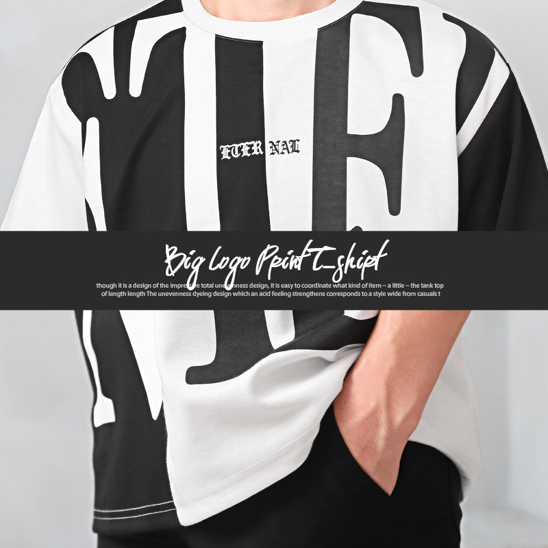 Tシャツ メンズ 半袖 ビッグロゴ プリント バイカラー 英字 白