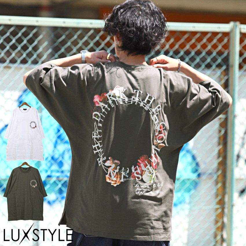 セール Tシャツ メンズ 半袖 オーバーサイズ 刺繍 ロゴ バックプリント 薔薇 フラワー ストリート｜lux-style