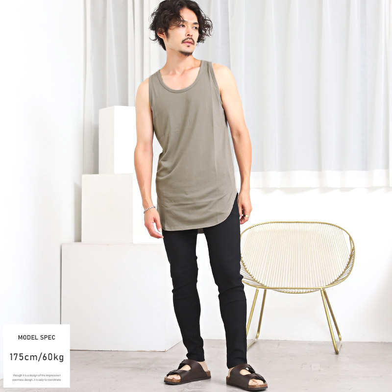 タンクトップ メンズ ロング丈 ビッグシルエット 接触冷感 ひんやり 無地 メンズタンクトップ インナー レイヤード 重ね着 ルーズ クルーネック ラウンドヘム シンプル 涼しい カジュアル ストリート 夏 aa-2653 7