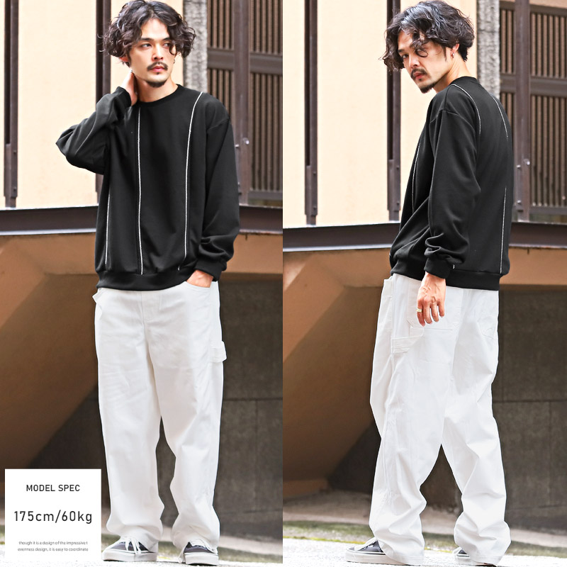 トレーナー メンズ 長袖 スウェット ビッグシルエット 切替 トリム