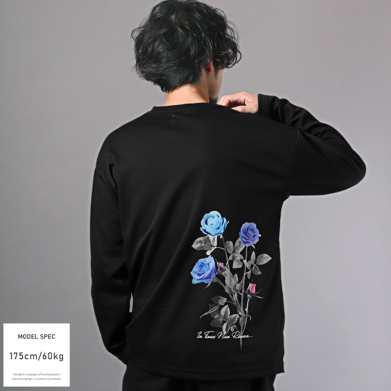 ロンT メンズ 長袖Tシャツ ビッグシルエット ローズ 薔薇 花