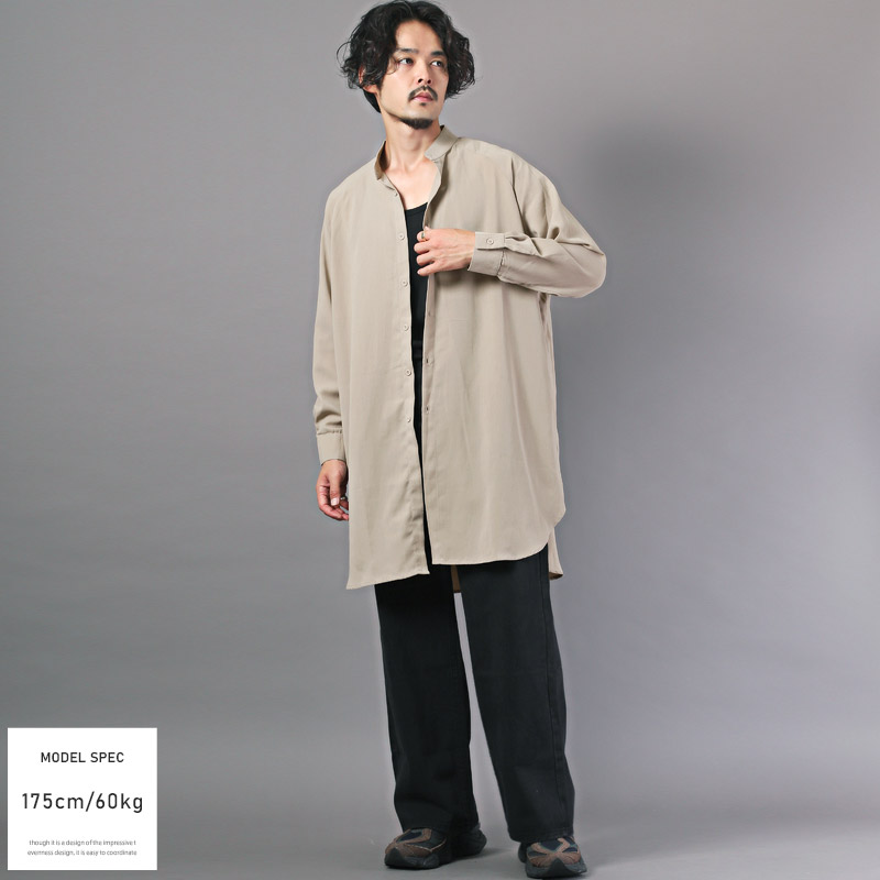 長袖シャツ メンズ ノーカラー ジョーゼット ロング丈 無地