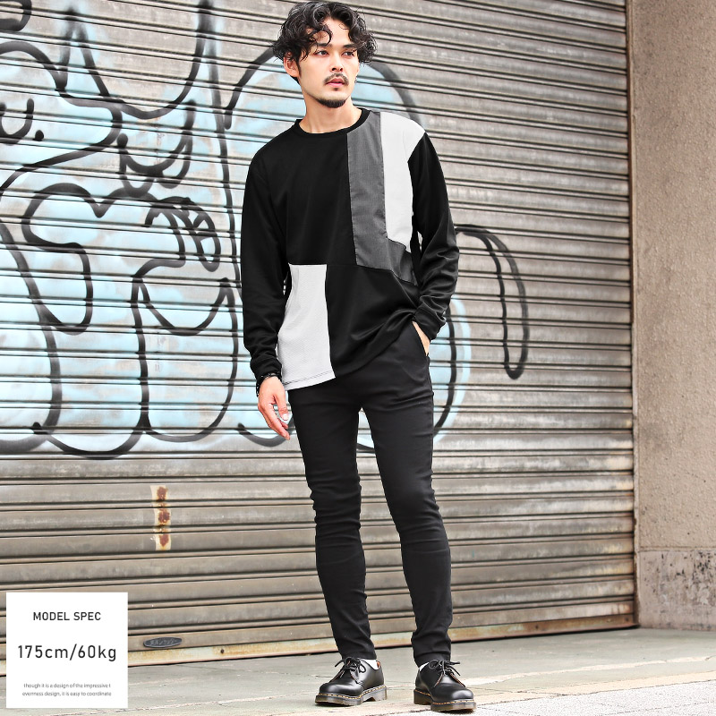 ロンT メンズ 長袖 Tシャツ 異素材 切替 ブロック クルーネック