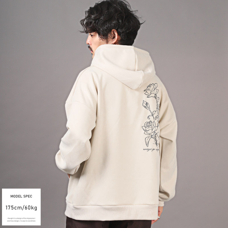 パーカー メンズ スウェード ビッグシルエット 薔薇 刺繍 ロゴ プル