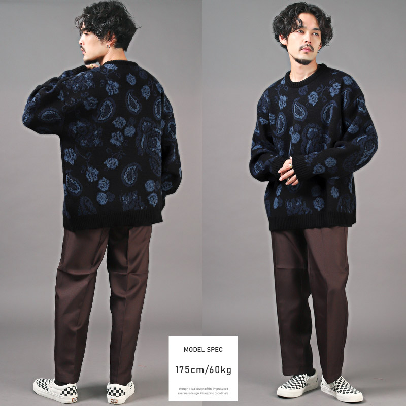 ニット メンズ セーター ビッグシルエット ペイズリー 総柄 バンダナ