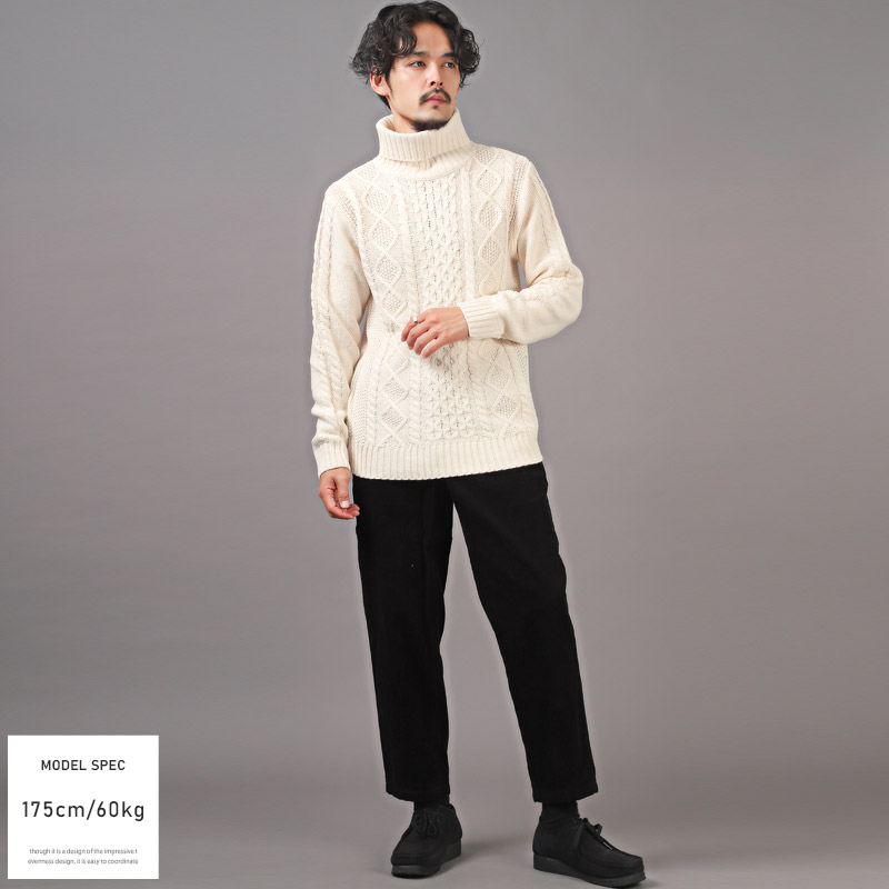 ニット セーター メンズ タートルネック ハイネック ケーブル編み