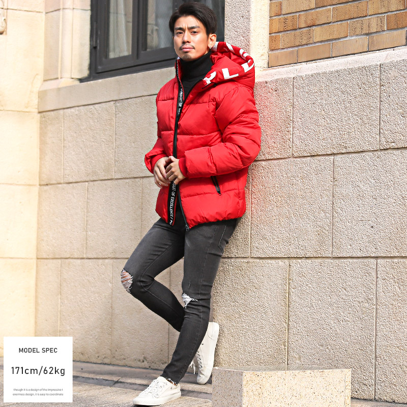 中綿ジャケット メンズ フェイクダウン ブルゾン ロゴプリント フード