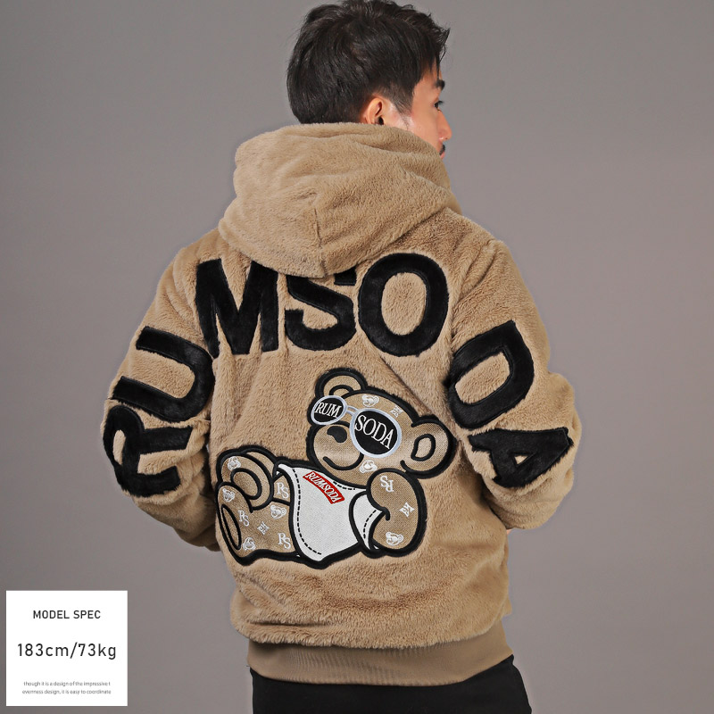 ファージャケット メンズ フェイクファー ジップ ロゴ クマ ワッペン