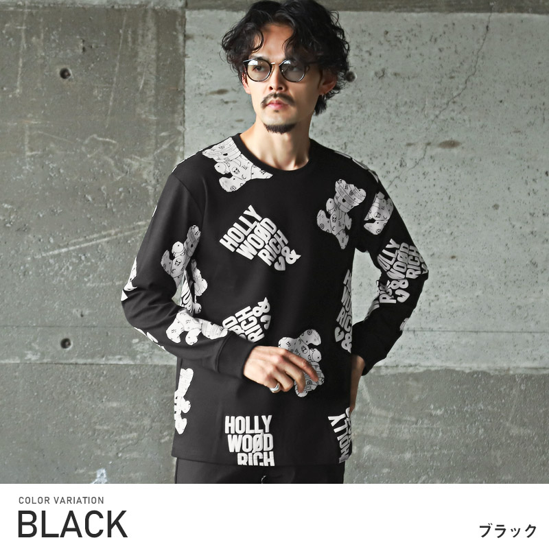 ロンT メンズ 長袖 Tシャツ ベア クマ プリント ロゴ 総柄 発泡