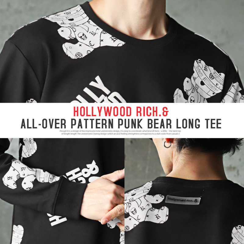 ロンT メンズ 長袖 Tシャツ ベア クマ プリント ロゴ 総柄 発泡