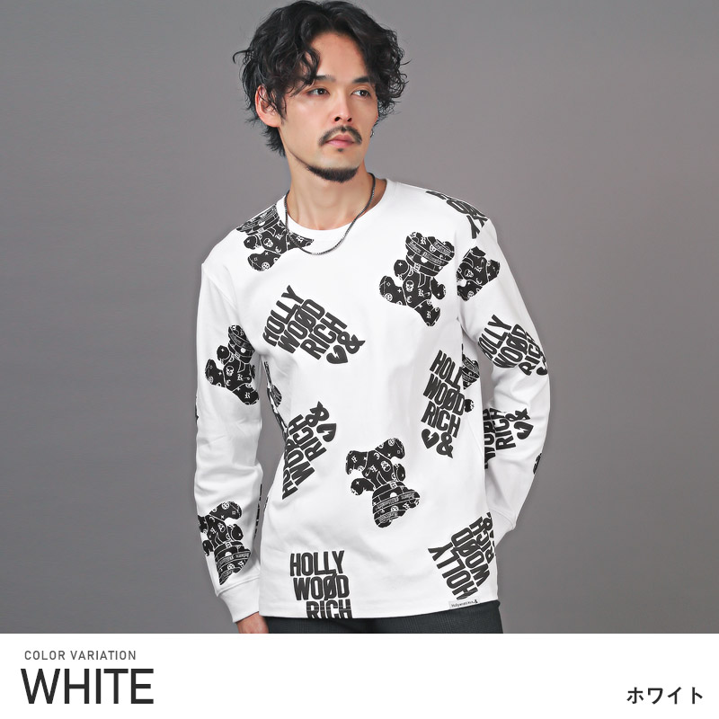 ロンT メンズ 長袖 Tシャツ ベア クマ プリント ロゴ 総柄 発泡