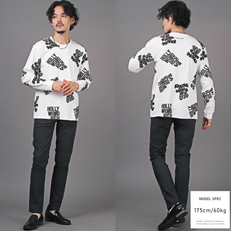 ロンT メンズ 長袖 Tシャツ ベア クマ プリント ロゴ 総柄 発泡