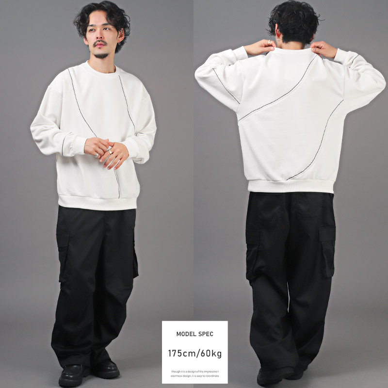 トレーナー メンズ スウェット ステッチ 刺繍 切替 配色 クルーネック