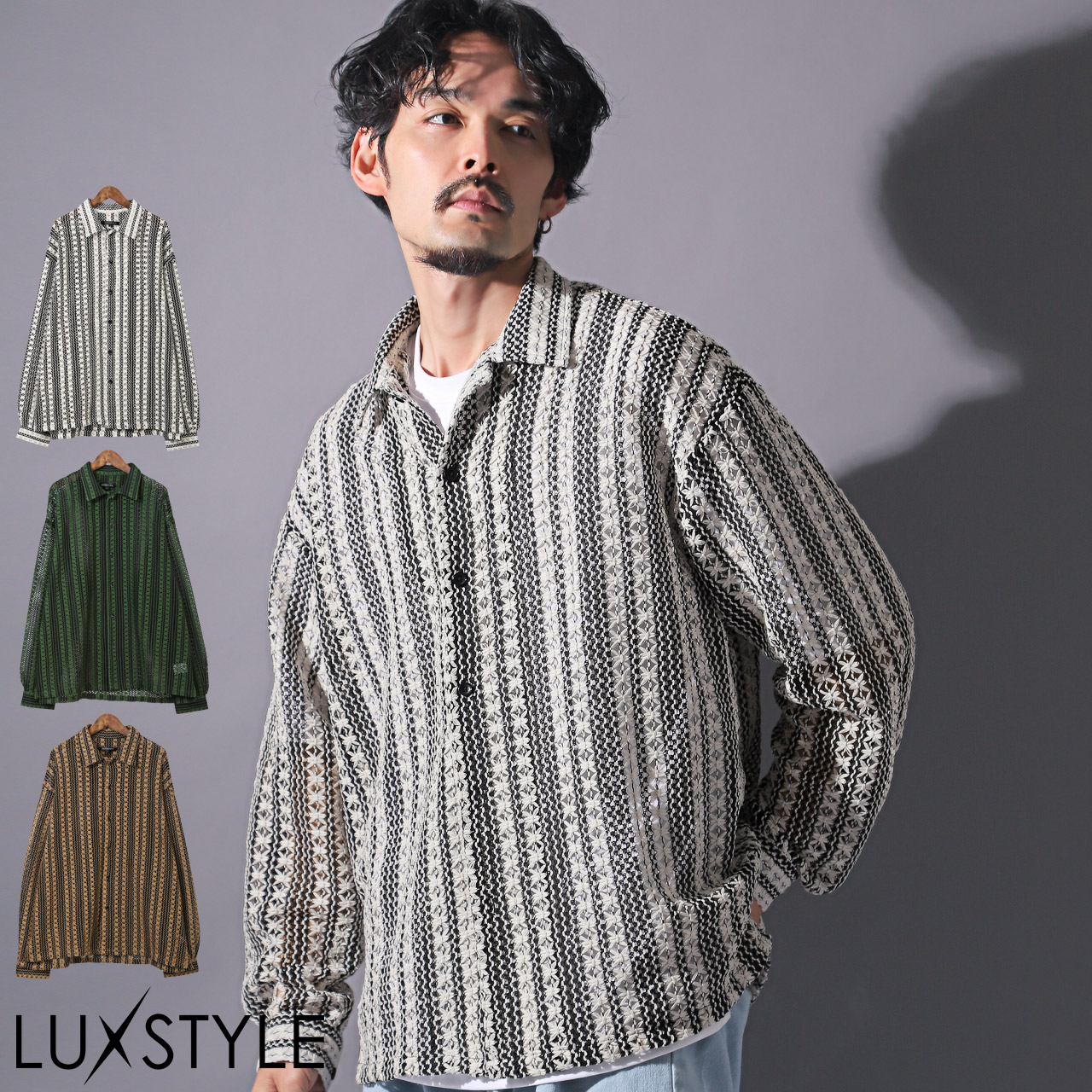 ルーズシルエット メンズ レースアップデザイン 長袖シャツ 長袖プリーツシャツ メンズ ルーズシルエット 総柄シャツ