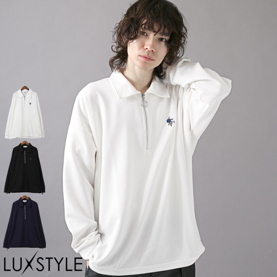 ロンT メンズ 長袖Tシャツ ハーフジップ ビッグシルエット 刺繍 薔薇 ストリート モード｜lux-style