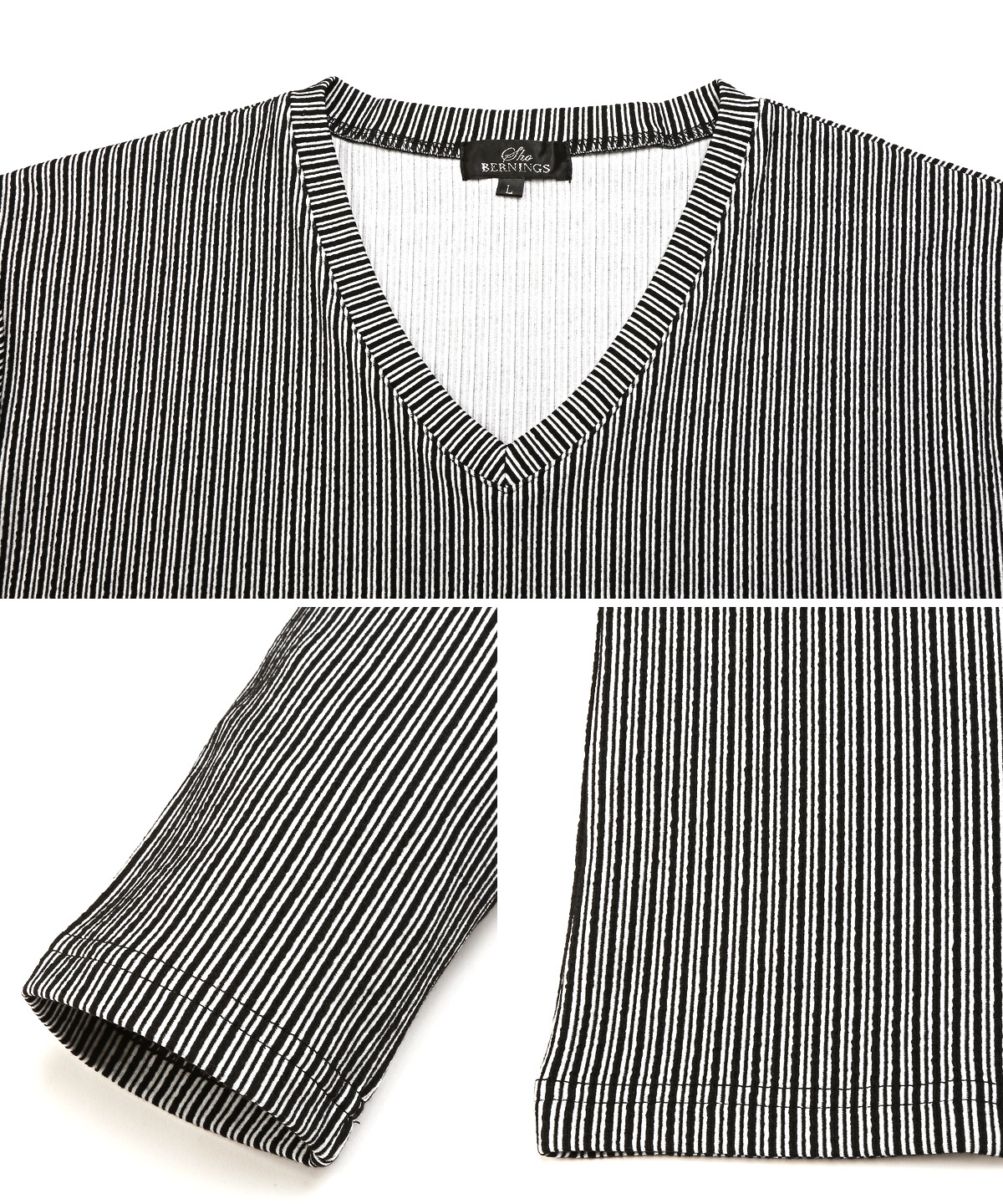 ロンT メンズ 長袖Tシャツ Vネック ストライプ柄 総柄 凸凹 カットソー インナー 白 黒｜lux-style｜11