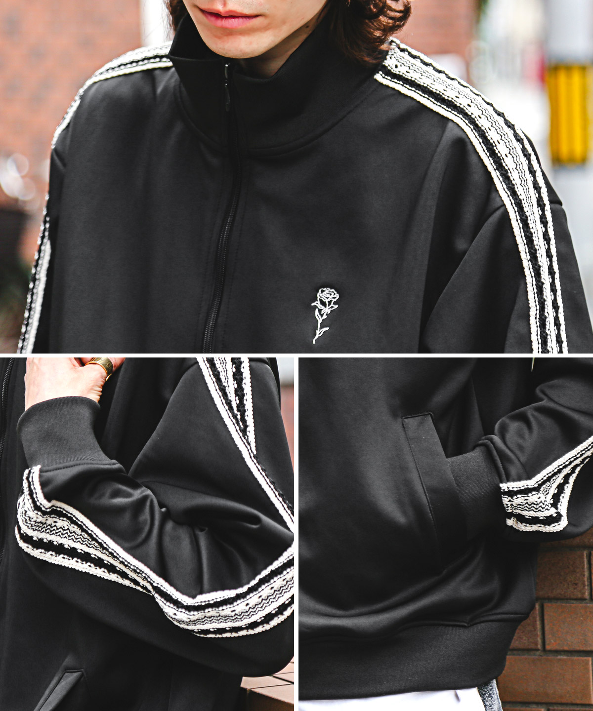 トラックジャケット メンズ ジャージ サイドライン 刺繍 薔薇 ブルゾン