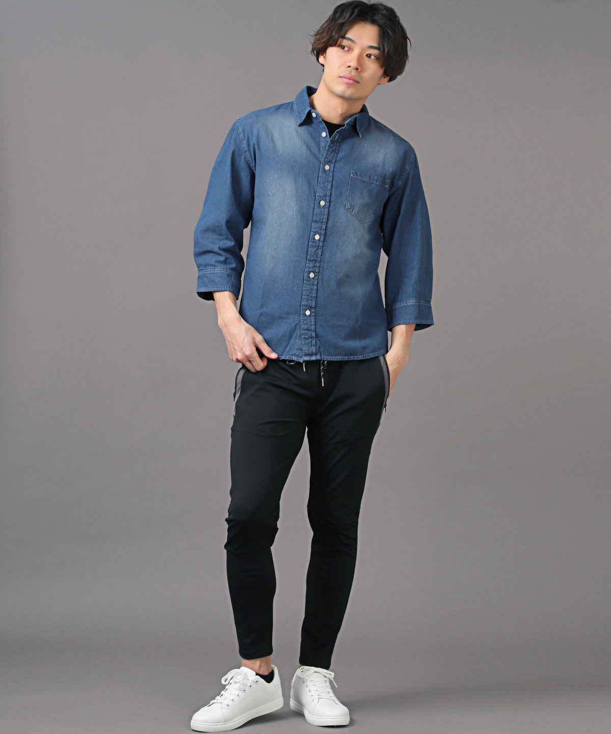 デニムシャツ メンズ 7分袖 ダンガリー インディゴ 無地 ウォッシュ