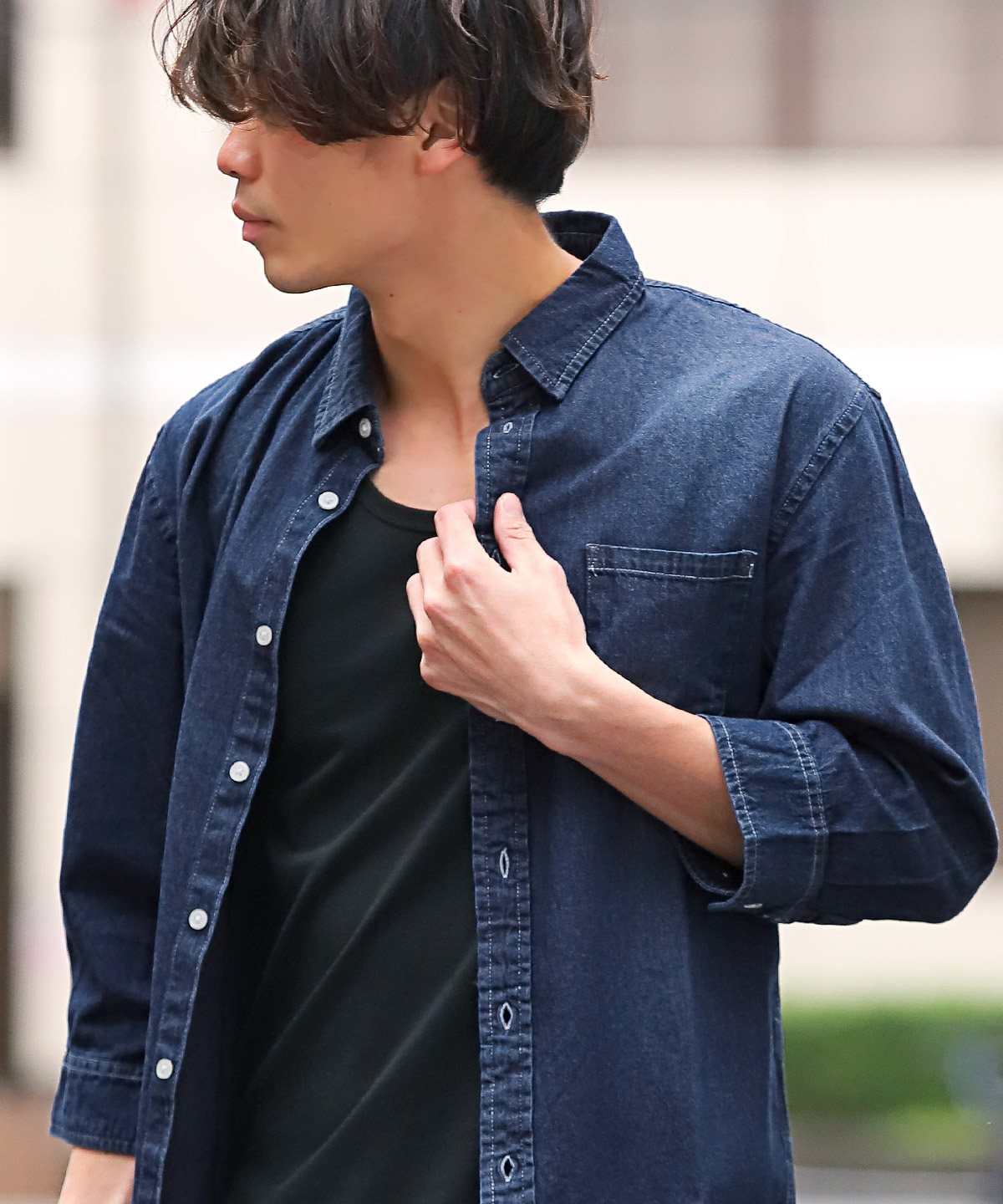 デニムシャツ メンズ 7分袖 ダンガリー インディゴ 無地 ウォッシュ