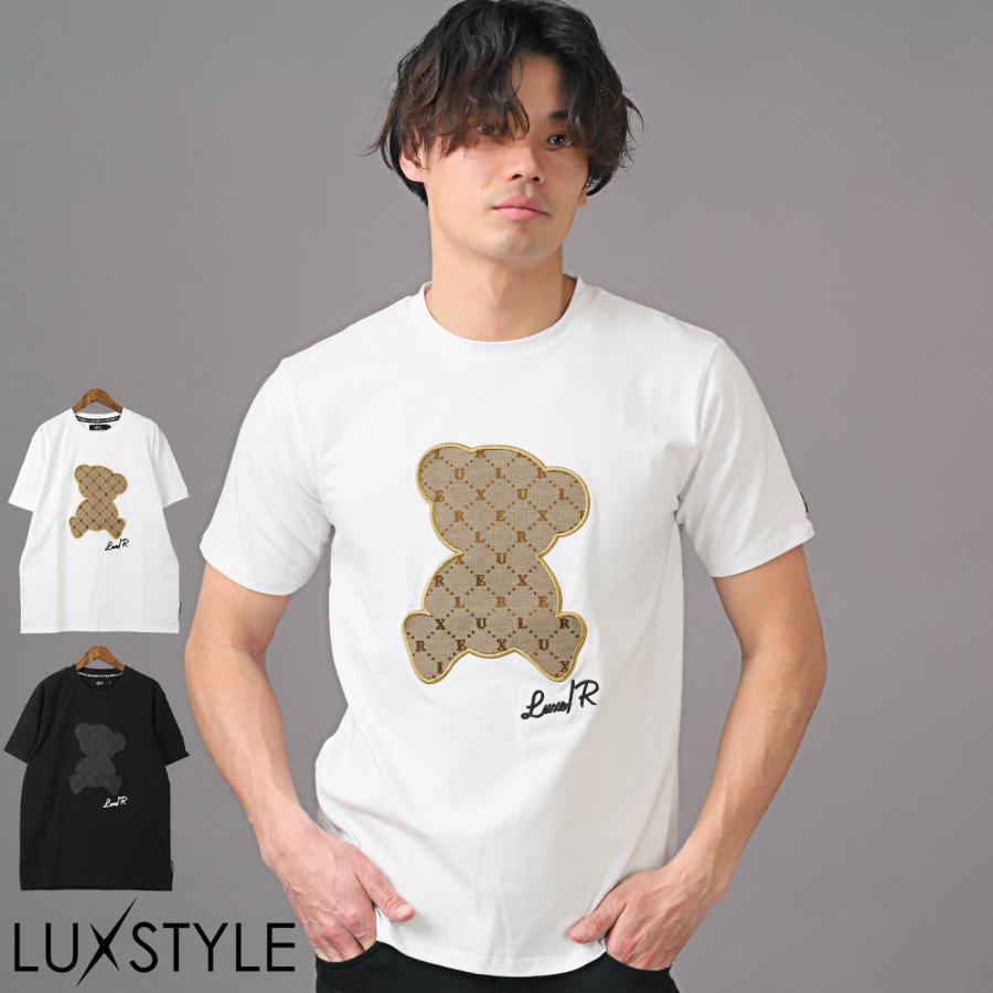 Tシャツ メンズ 半袖 ワッペン アップリケ 刺繍 ベア クマ 天竺 クルーネック ジャガード｜lux-style