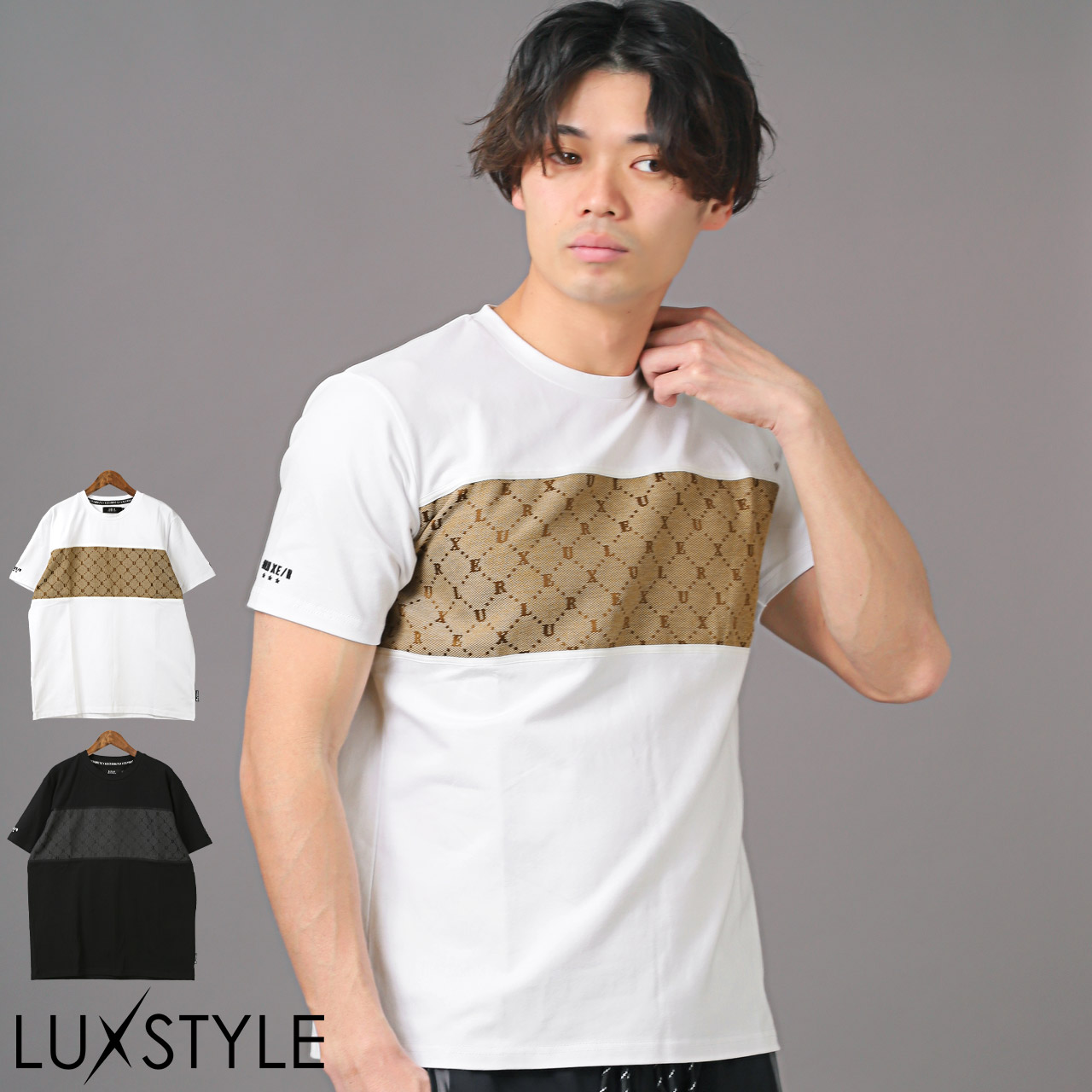 Tシャツ メンズ 半袖 ジャガード 刺繍 天竺 カットソー ロゴ パネル クルーネック 白 黒｜lux-style