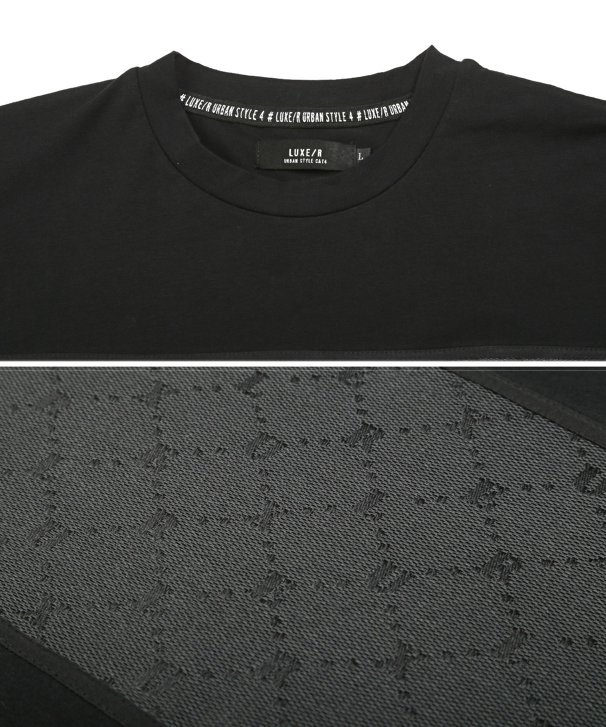 Tシャツ メンズ 半袖 ジャガード 刺繍 天竺 カットソー ロゴ パネル クルーネック 白 黒｜lux-style｜11