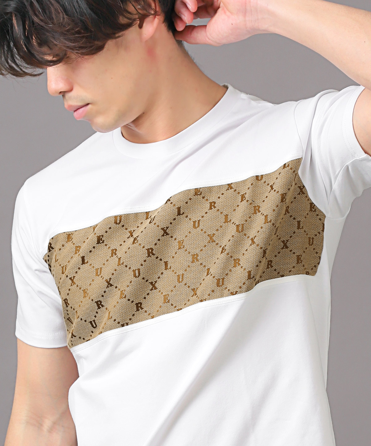 Tシャツ メンズ 半袖 ジャガード 刺繍 天竺 カットソー ロゴ パネル クルーネック 白 黒｜lux-style｜04