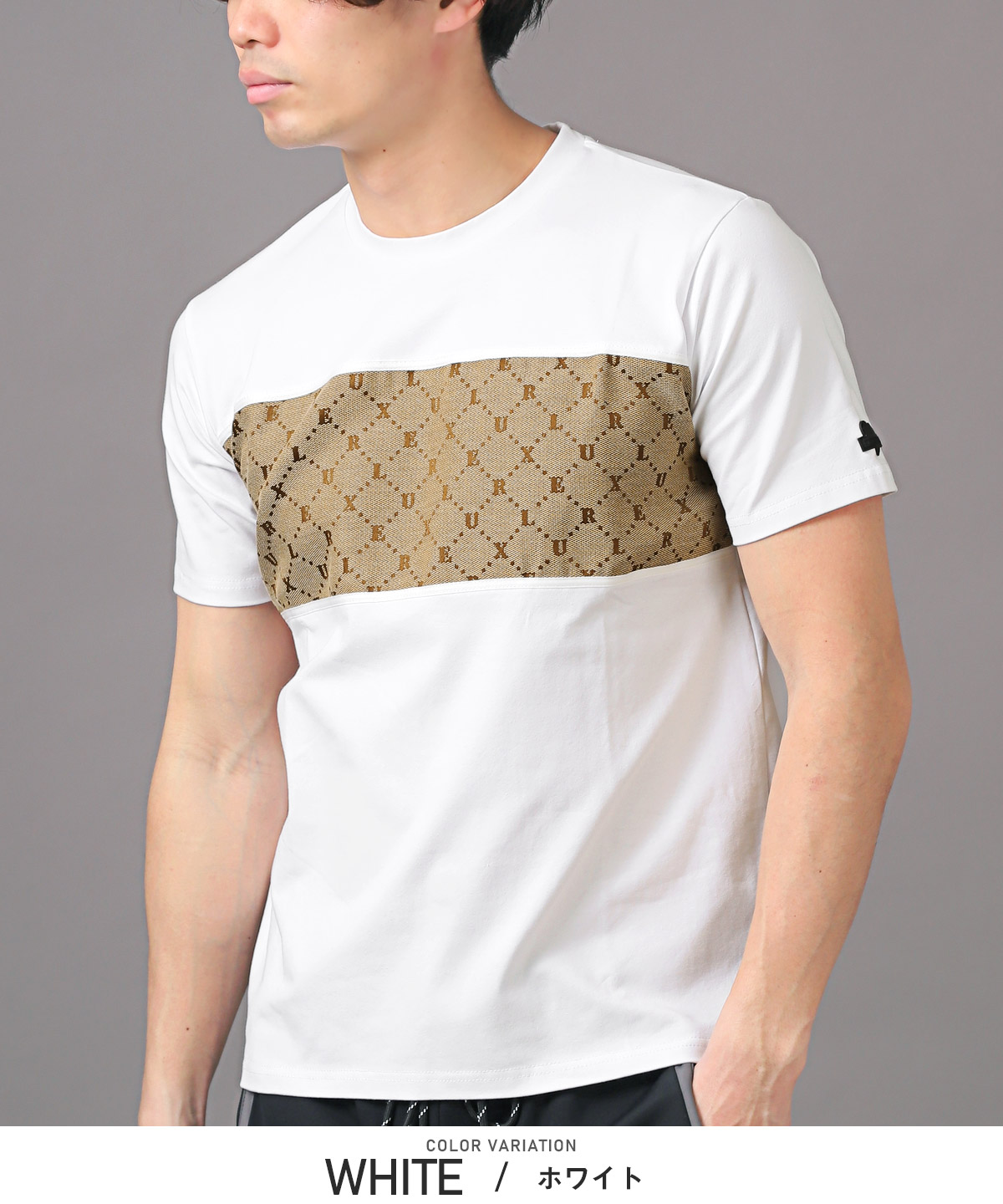 Tシャツ メンズ 半袖 ジャガード 刺繍 天竺 カットソー ロゴ パネル クルーネック 白 黒｜lux-style｜05