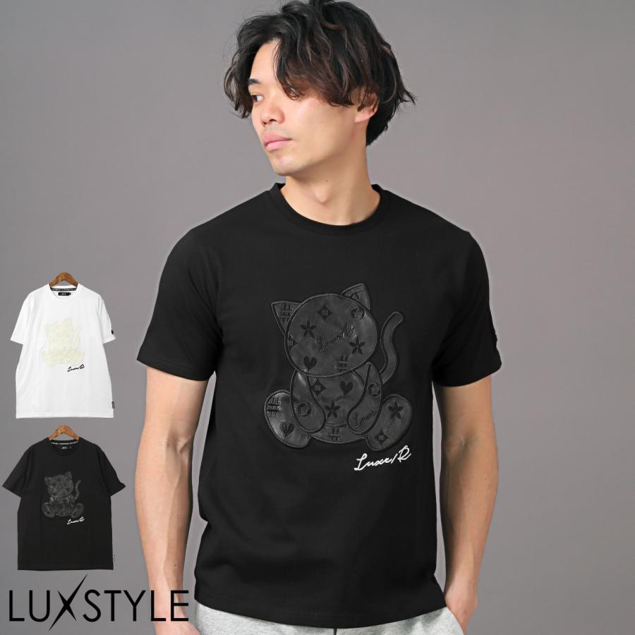 Tシャツ メンズ 半袖 PUレザー 合皮 ワッペン アップリケ 猫 ねこ ネコ カットソー 白 黒｜lux-style