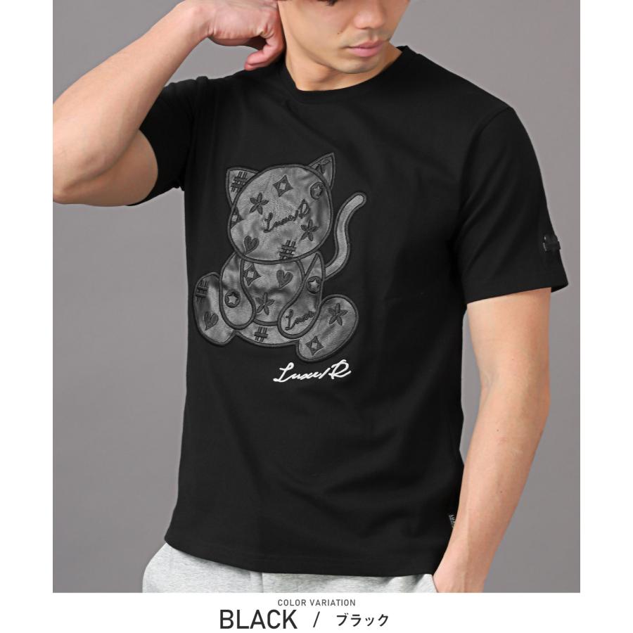 Tシャツ メンズ 半袖 PUレザー 合皮 ワッペン アップリケ 猫 ねこ ネコ カットソー 白 黒｜lux-style｜05