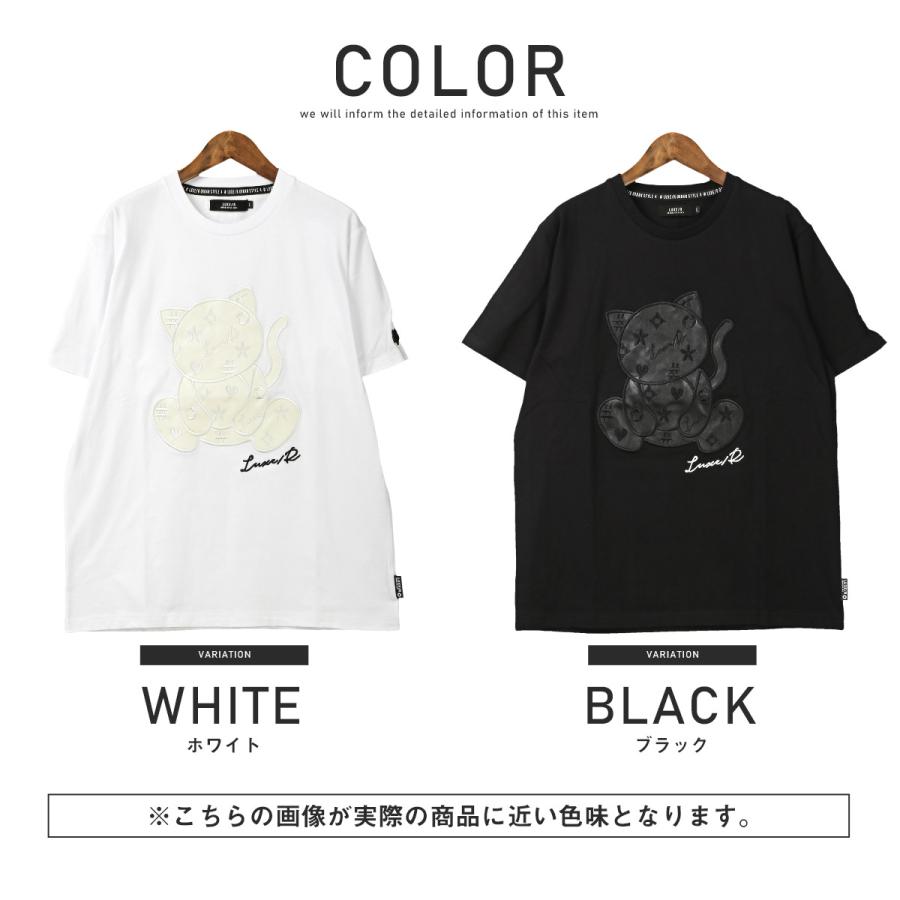 Tシャツ メンズ 半袖 PUレザー 合皮 ワッペン アップリケ 猫 ねこ ネコ カットソー 白 黒｜lux-style｜02